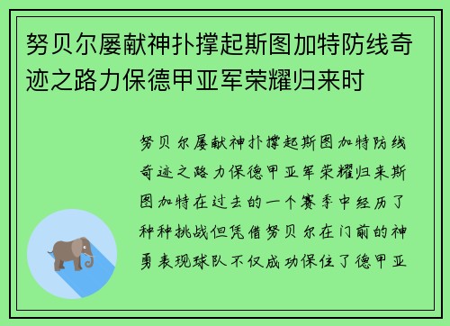 努贝尔屡献神扑撑起斯图加特防线奇迹之路力保德甲亚军荣耀归来时 努贝尔屡献神扑撑起斯图加特防线奇迹之路力保德甲亚军荣耀归来时